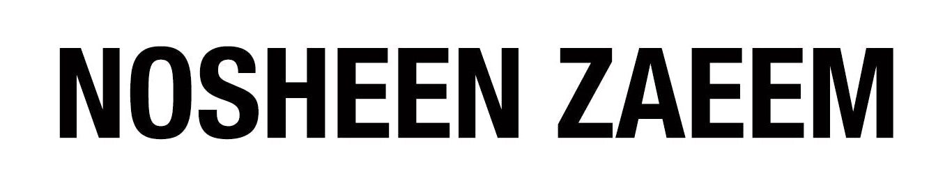 Black 'NOSHEEN ZAEEM' logo on a white background